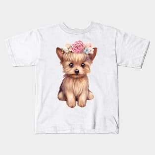 Watercolor Yorkshire Terrier Dog with Head Wreath Kids T-Shirt